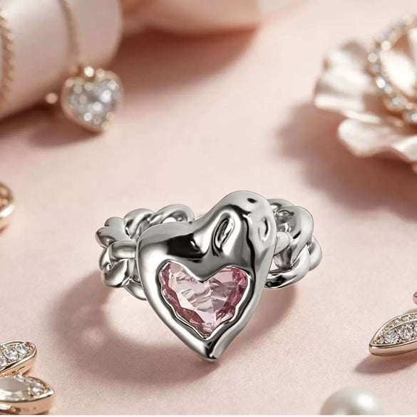 Women's Heart Shaped Copper Open Ring With Pink Zircon Inlay Electroplated Niche Style Gemstone Ring Sweet And Cool Unique Design