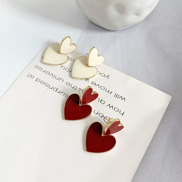 Women's Heart Shaped Earrings With S Silver Needle Electroplated Metal Oil Drop Finish Elegant Two Way Wear Ear Jewelry