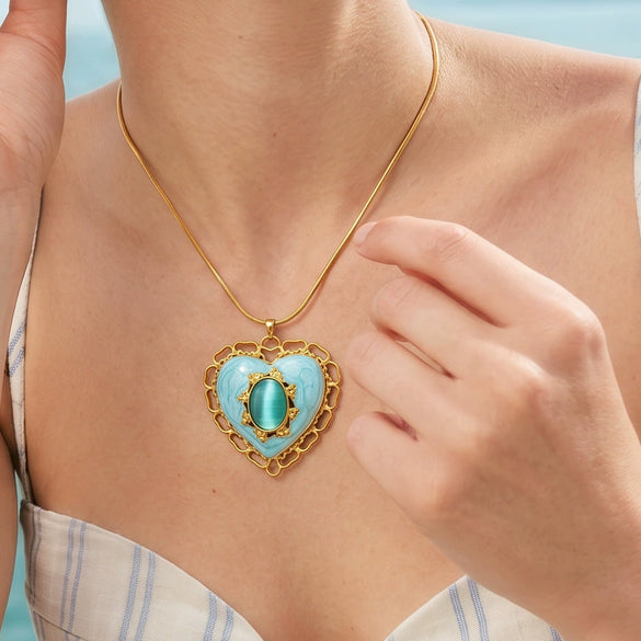 Women's Heart Shaped Geometric Stainless Steel Necklace With Cat Eye Stone Oil Drop Detail And 18K Gold Vacuum Plated Finish