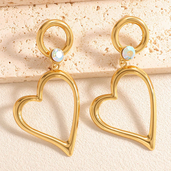Women's Heart Shaped Hollow Geometric Alloy Stud Earrings With Electroplated Finish And Stainless Steel Posts