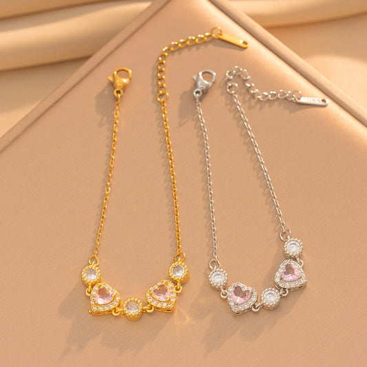 Women's Heart Shaped Real Gold Plated Titanium Steel Bracelet With Love Pattern And Diamond Accented Look