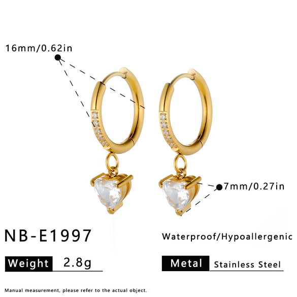 Women's Heart Shaped Stainless Steel Earrings With Zircon Rhinestone Design And 18K Gold Vacuum Plated Finish