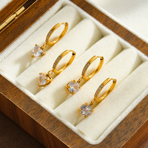 Women's Heart Shaped Stainless Steel Earrings With Zircon Rhinestone Design And 18K Gold Vacuum Plated Finish