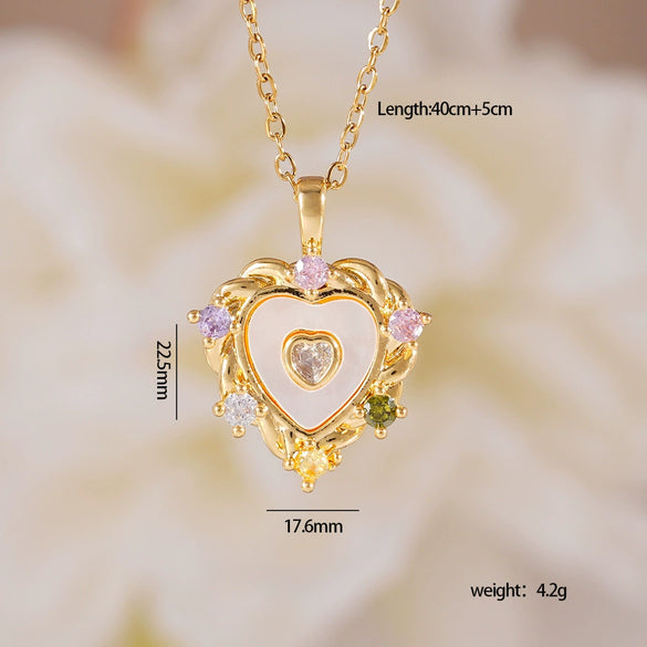 Women's Heartshaped Colorful Fashion Shell Pendant Necklace Copper Mixed Gemstone Setting Electroplating O Word Chain