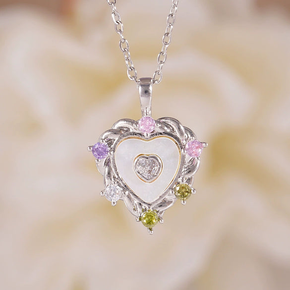 Women's Heartshaped Colorful Fashion Shell Pendant Necklace Copper Mixed Gemstone Setting Electroplating O Word Chain