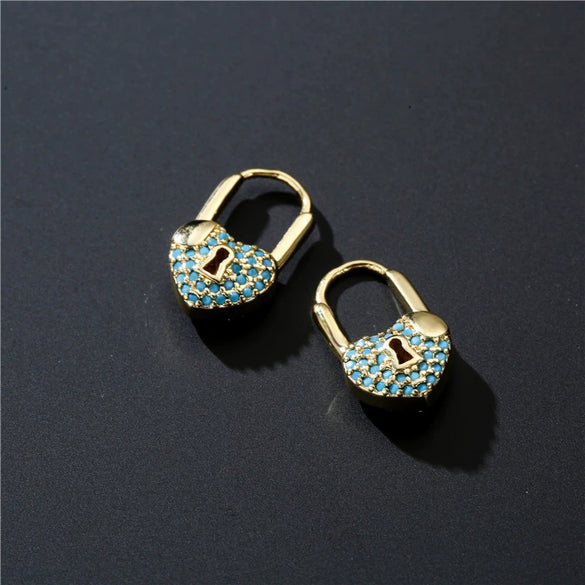 Women's Heartshaped Lock Earrings Brass Microinlaid Zircon Real Gold Plated Colorpreserving