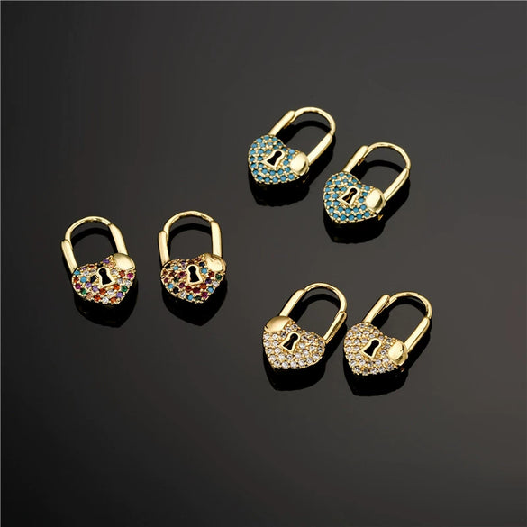 Women's Heartshaped Lock Earrings Brass Microinlaid Zircon Real Gold Plated Colorpreserving