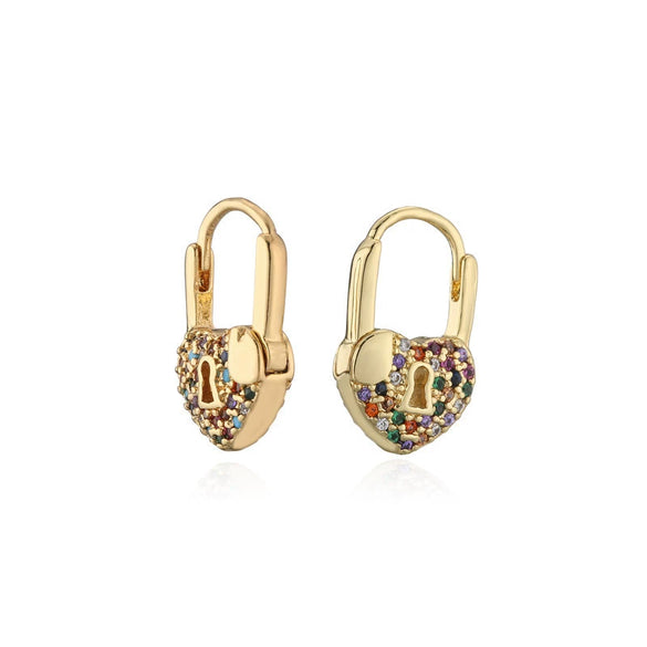 Women's Heartshaped Lock Earrings Brass Microinlaid Zircon Real Gold Plated Colorpreserving
