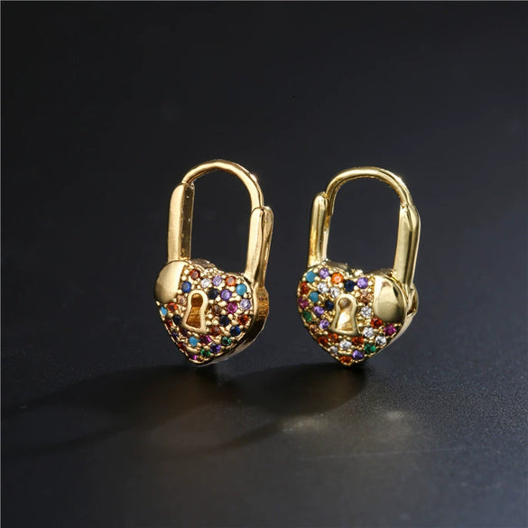 Women's Heartshaped Lock Earrings Brass Microinlaid Zircon Real Gold Plated Colorpreserving