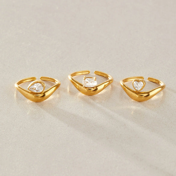 Women's Heartshaped Zirconia Stainless Steel Ring Set With Vacuum Pvd Gold Plating And Geometric Design