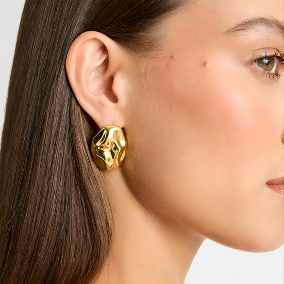 Women's High Sense Oval Hammered Stainless Steel Geometric Earrings 18K Gold Plated