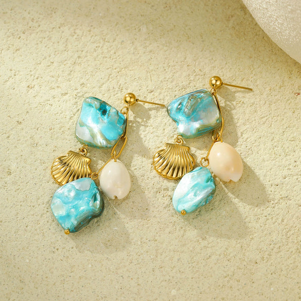 Women's Highend Beach Blue Shell Conch Tassel Titanium Steel Earrings With Electroplating Treatment
