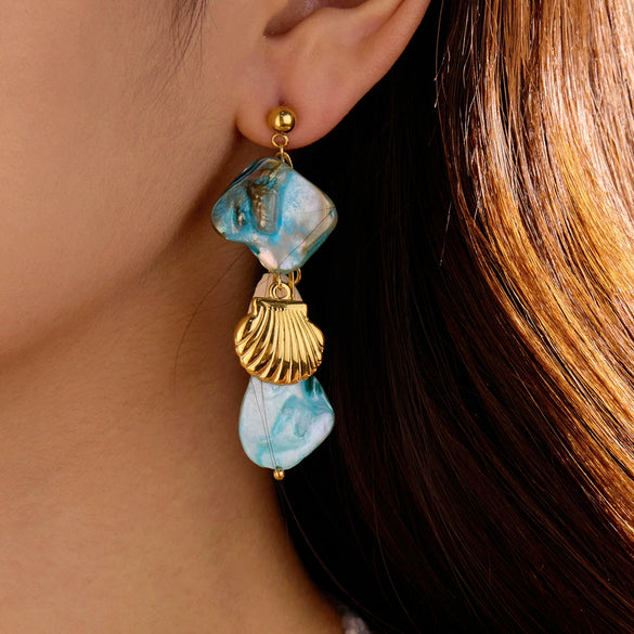 Women's Highend Beach Blue Shell Conch Tassel Titanium Steel Earrings With Electroplating Treatment