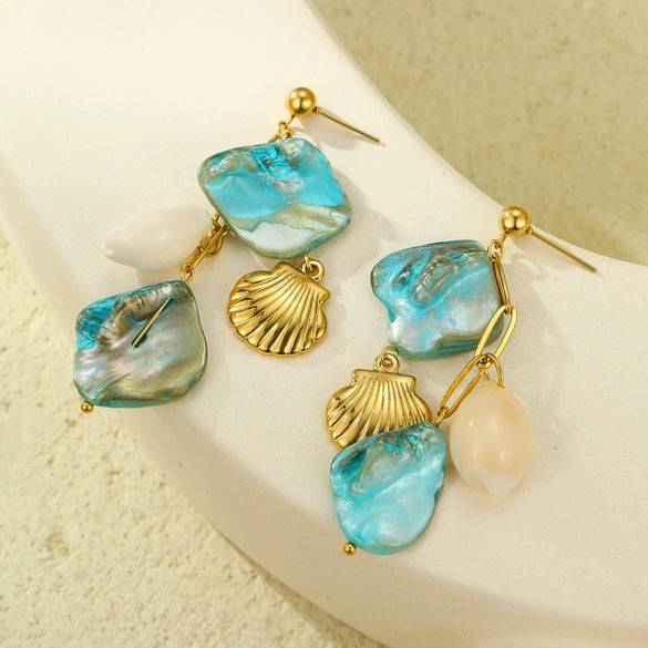 Women's Highend Beach Blue Shell Conch Tassel Titanium Steel Earrings With Electroplating Treatment