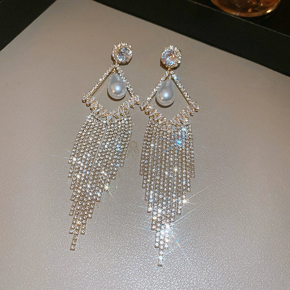 Women's Highend Copper Geometric Zircon Tassel Earrings