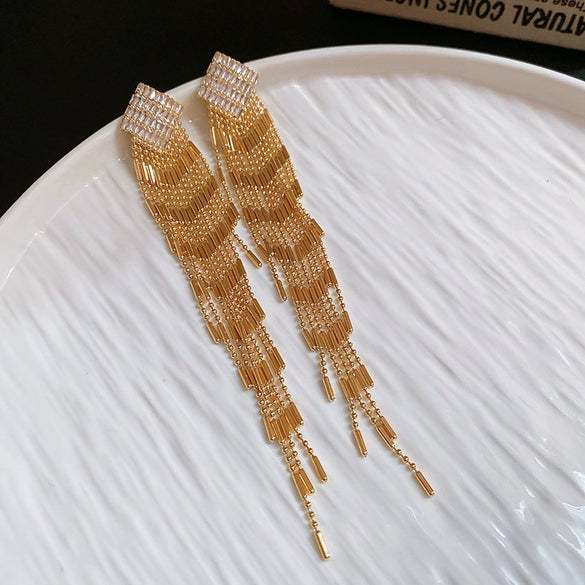 Women's Highend Copper Geometric Zircon Tassel Earrings
