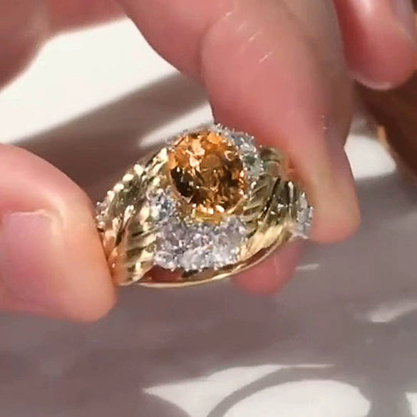 Women's Highend Geometric Relief Feather Copper Ring Inlaid With Yellow Zircon