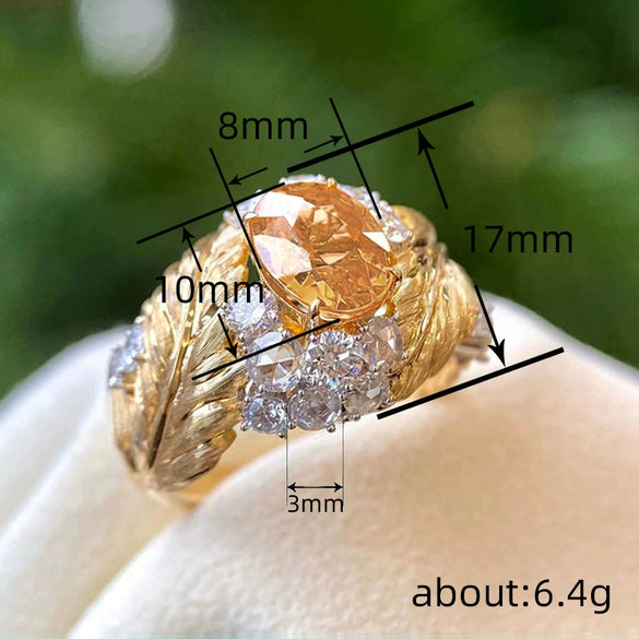 Women's Highend Geometric Relief Feather Copper Ring Inlaid With Yellow Zircon