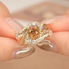 Women's Highend Geometric Relief Feather Copper Ring Inlaid With Yellow Zircon