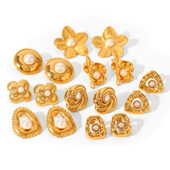 Women's Highend Pearl Stainless Steel Geometric Flower Earrings With Electroplating