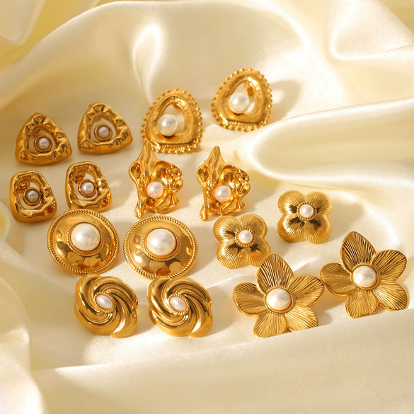 Women's Highend Pearl Stainless Steel Geometric Flower Earrings With Electroplating