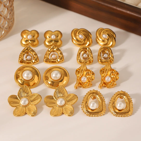Women's Highend Pearl Stainless Steel Geometric Flower Earrings With Electroplating