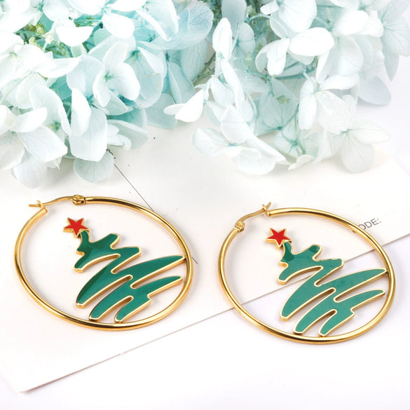 Women's Highend Stainless Steel Christmas Stocking And Tree Earrings With Electroplated Geometric Festive Design Wholesale