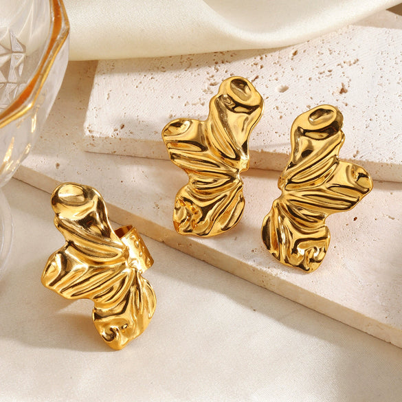 Women’s Hip Hop Stainless Steel Irregular Earrings And Ring Set With 18K Gold Electroplated Finish