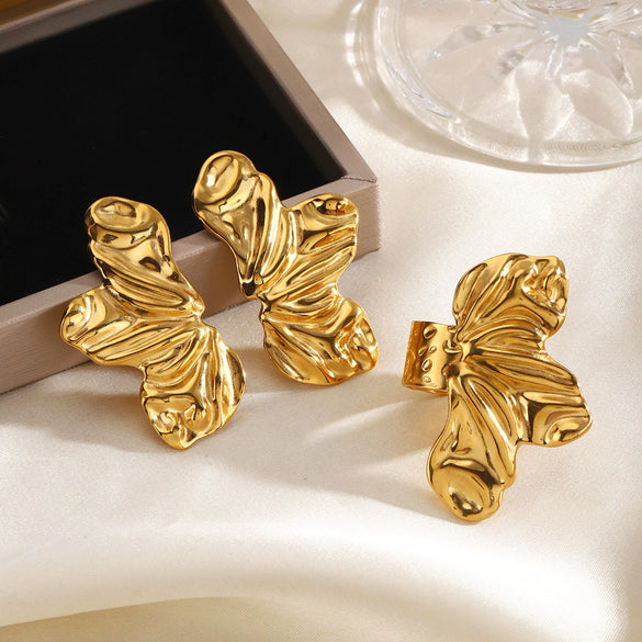 Women’s Hip Hop Stainless Steel Irregular Earrings And Ring Set With 18K Gold Electroplated Finish