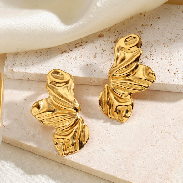 Women’s Hip Hop Stainless Steel Irregular Earrings And Ring Set With 18K Gold Electroplated Finish