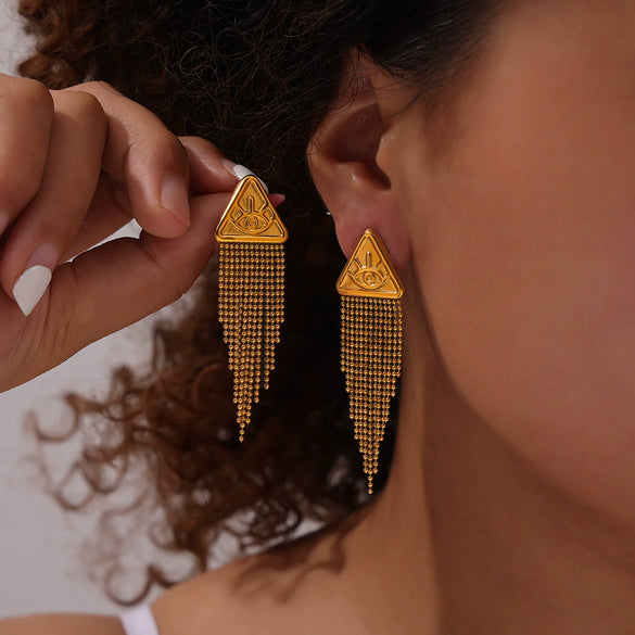 Women's Hip Hop Trendy Titanium Steel 18K Gold Plated Geometric Devil's Eye Tassel Earrings With Electroplating