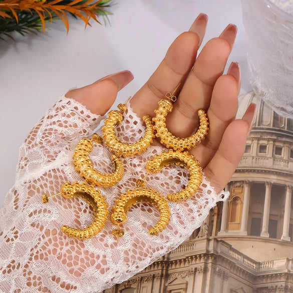 Women's Hiphop Geometric 316L Stainless Steel Goldplated Cshaped Bead Stitching Multilayer Earrings