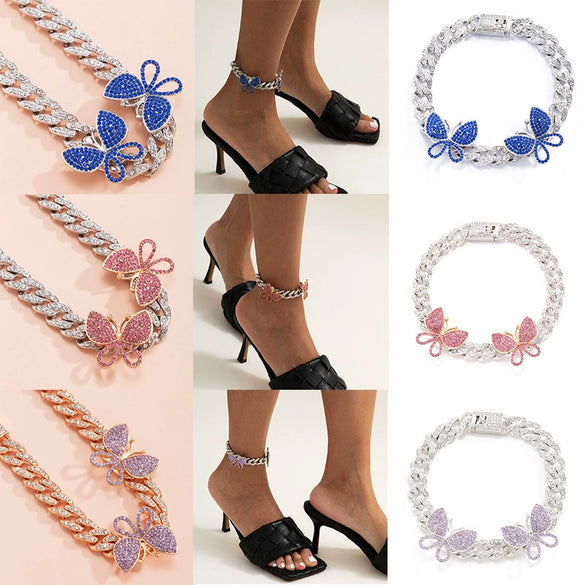 Women's Hiphop Punk Anklet With Rhinestone Inlay Large Butterfly Design Cuban Chain Style