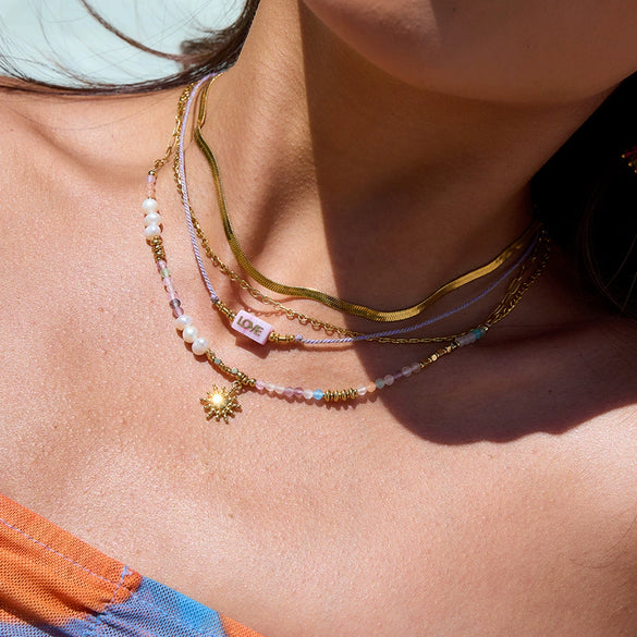 Women's Holiday Style Freshwater Pearl And Colorful Natural Stone Sun Pendant Necklace Stainless Steel Beaded Jewelry Electroplated O Chain