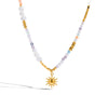 Women's Holiday Style Freshwater Pearl And Colorful Natural Stone Sun Pendant Necklace Stainless Steel Beaded Jewelry Electroplated O Chain