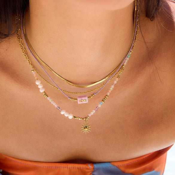Women's Holiday Style Freshwater Pearl And Colorful Natural Stone Sun Pendant Necklace Stainless Steel Beaded Jewelry Electroplated O Chain