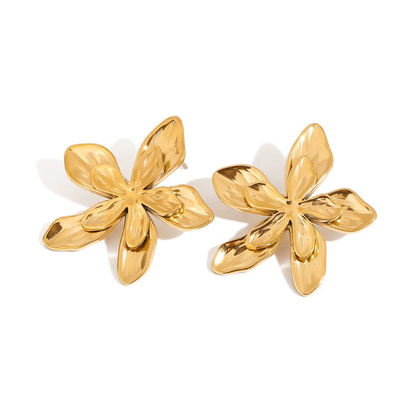 Women's Holiday Style Stainless Steel 18K Gold Hammered Flower Leaf Geometric Earrings With Electroplating