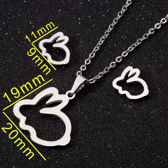 Women's Hollow Rabbit Necklace And Earrings Set Stainless Steel Electroplated Animal Jewelry Three Piece Set