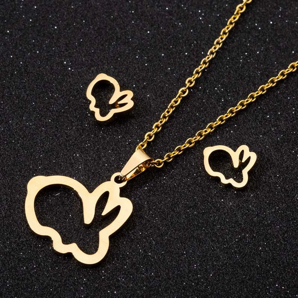 Women's Hollow Rabbit Necklace And Earrings Set Stainless Steel Electroplated Animal Jewelry Three Piece Set