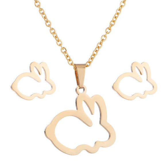 Women's Hollow Rabbit Necklace And Earrings Set Stainless Steel Electroplated Animal Jewelry Three Piece Set