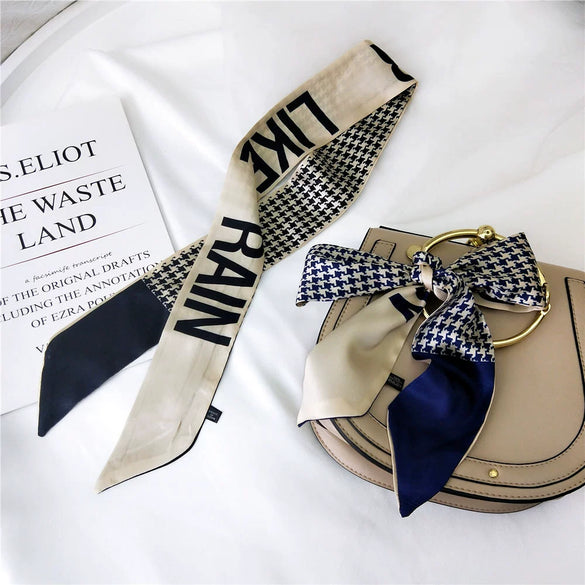 Women's Houndstooth Letter Print Silk Feel Long Ribbon Scarf Thin Narrow Decorative Tie For Spring Autumn And Summer