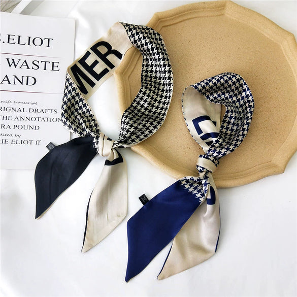 Women's Houndstooth Letter Print Silk Feel Long Ribbon Scarf Thin Narrow Decorative Tie For Spring Autumn And Summer