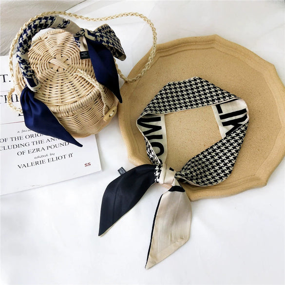 Women's Houndstooth Letter Print Silk Feel Long Ribbon Scarf Thin Narrow Decorative Tie For Spring Autumn And Summer