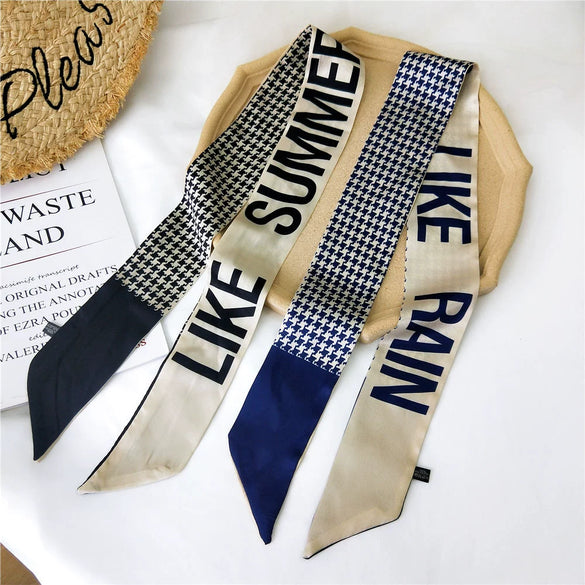 Women's Houndstooth Letter Print Silk Feel Long Ribbon Scarf Thin Narrow Decorative Tie For Spring Autumn And Summer