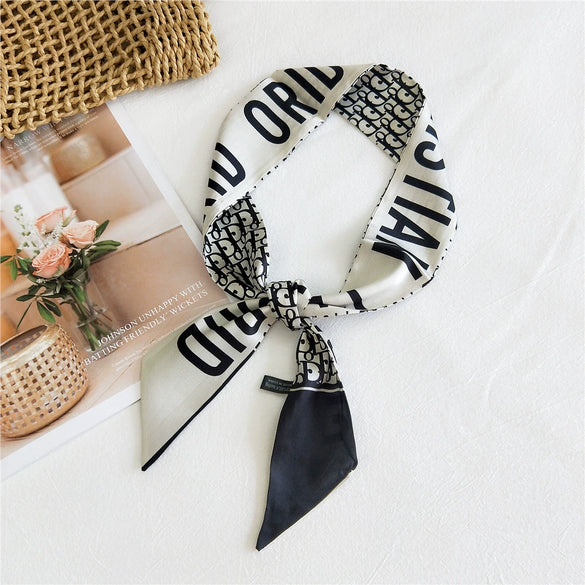 Women's Houndstooth Letter Print Silk Feel Long Ribbon Scarf Thin Narrow Decorative Tie For Spring Autumn And Summer