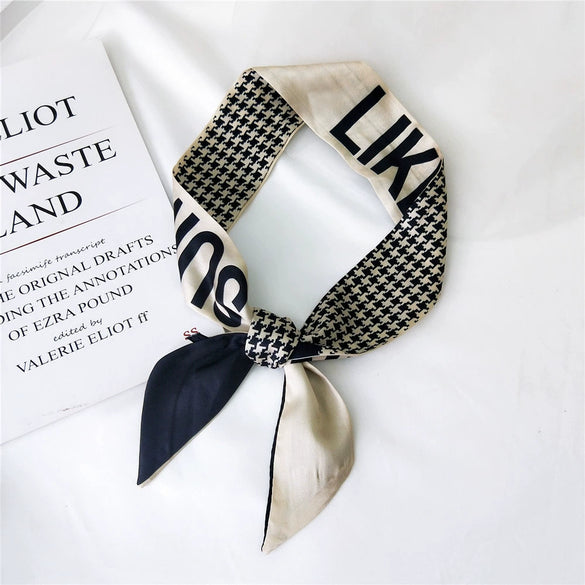 Women's Houndstooth Letter Print Silk Feel Long Ribbon Scarf Thin Narrow Decorative Tie For Spring Autumn And Summer