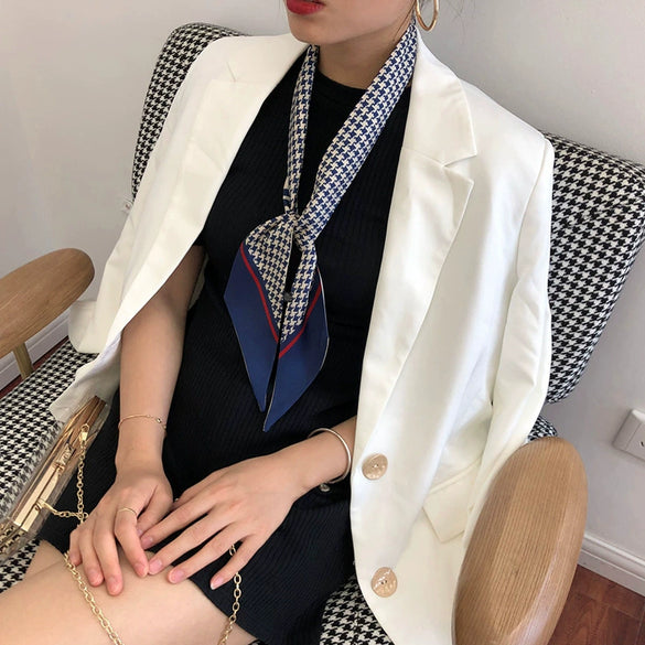 Women's Houndstooth Simulation Silk Long Rectangle Ribbon Scarf Thin Narrow Decorative Hair Band Small Scarf For Four Seasons