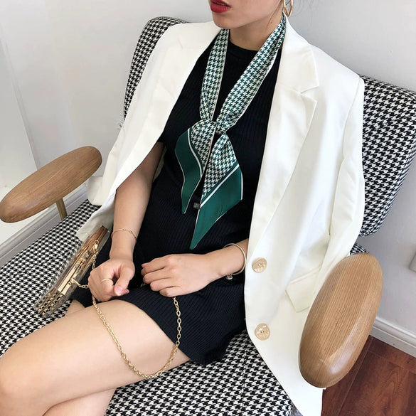 Women's Houndstooth Simulation Silk Long Rectangle Ribbon Scarf Thin Narrow Decorative Hair Band Small Scarf For Four Seasons