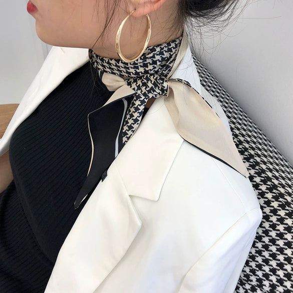 Women's Houndstooth Simulation Silk Long Rectangle Ribbon Scarf Thin Narrow Decorative Hair Band Small Scarf For Four Seasons