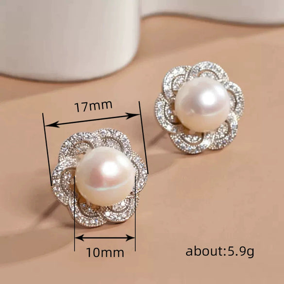 Women's Imitation Pearl Earrings Copper Material With Flower And Geometric Patterns And Zircon Treatment